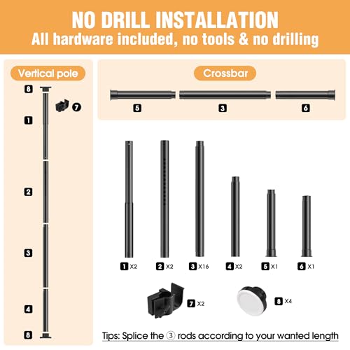 AKTOP Room Divider Curtain Rod, No Drilling Privacy Room Separator for Space Partition, 4-10.5ft(H) 29-73”(W) Adjustable Heavy Duty Floor to Ceiling Wall Divider Tension Rod for Room Separation, Black AKTOP