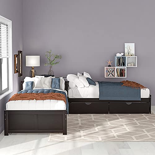 Harper & Bright Designs L-Shaped Platform Bed Frame with Trundle and Drawers Linked with Built-in Desk for Kids Boys Girls, Twin, Espresso Harper & Bright Designs
