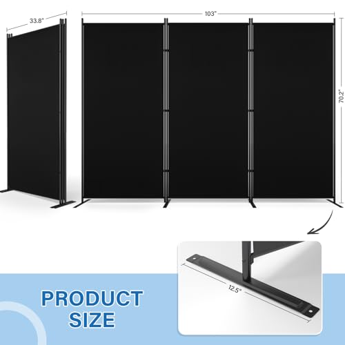 AKTOP Room Divider 3 Panel, Folding Fabric Wall Divider for Room Separation, Portable Room Partitions and Dividers 103"W x 70''H, Freestanding Privacy Screen for Office, Dorm, Studio, Classroom, Black AKTOP