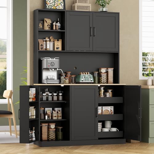 71" Tall kitchen Pantry Storage Cabinet, Modern Kitchen Hutch with 3 Pull-out Drawers, Kitchen Pantries with Microwave Stand & Door Shelf, Food Pantry with Adjustable Shelves for Dining Room (Black) Gyfimoie