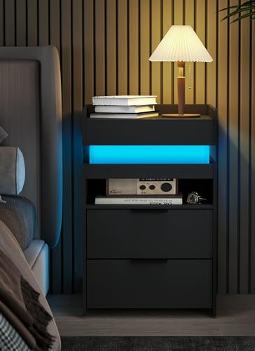 Suuiwau Black LED Nightstand with Charging Station, App - Controlled LED Lights & Sliding Top, Night Stand End Table with Hidden Compartment for Bedroom Suuiwau