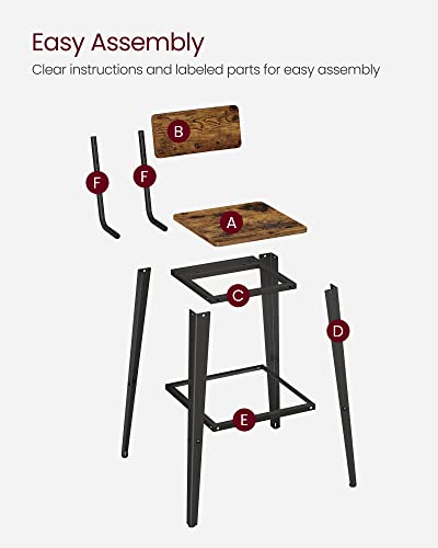 VASAGLE Industrial Style Set of 2 Backed Bar Stools with Steel Frame in Rustic Brown and Black VASAGLE