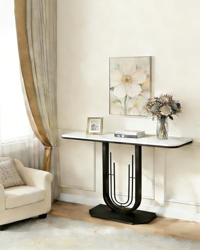 39.37'' Rectangle Narrow Console Table with Marble Top, Elegant Sofa Table Modern Entryway Tables, Round-Shaped Metal Frame, for Entry, Behind Sofa Couch, Entrance, White & Black Metal Base Cre Cra
