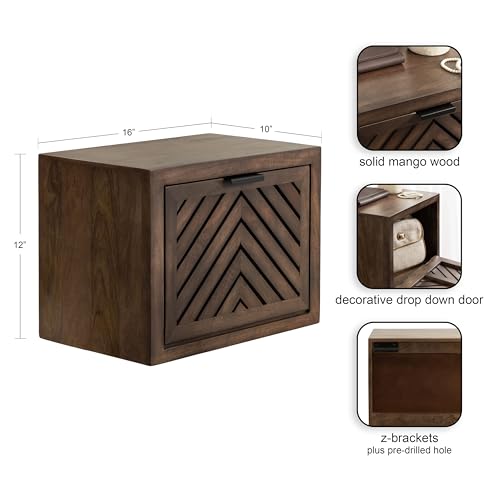 Kate and Laurel Mezzeta Modern Floating Shelf Side Table with Storage Cubby; 16 x 10 x 12; Natural Wood; Decorative Slatted Wood Floating Nightstand with Pull Down Door for Use as Bathroom Storage Kate and Laurel