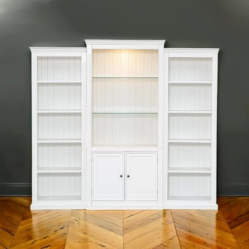 Merax 3-Pieces Bookcase Display Cabinet 87"x17"x79" White Tall Bookshelf, 5 Colors Adjustable LED Cabinet Ceiling Light, 5-Tier Collection Bookcase for Home Office Studio Merax