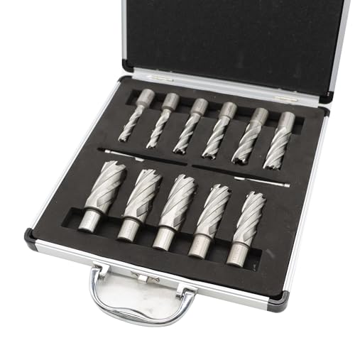 Nakkaa 13 Pcs M2 High Speed Steel Annular Cutter Set 3/4 Inch Shank Cutting Depth 1" /2''Cutting Diameter 7/16" to 1-1/16" Inch Standard Kit with 2 Pilot Pins (Cutting Depth 2'') Nakkaa