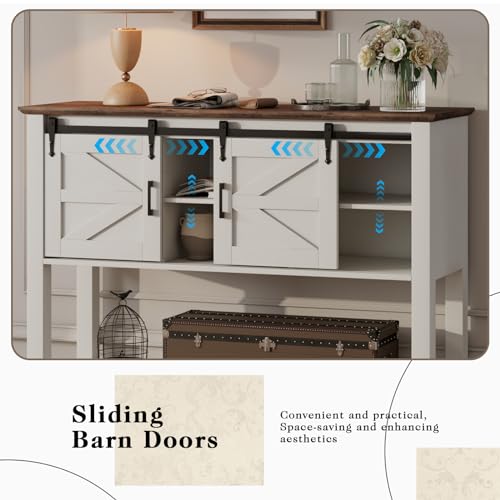 LUXOAK Farmhouse Entryway Table with Sliding Barn Doors, 46" Sofa Table for Living Room, Console Table with Storage Hallway Entrance Table, Antique White LUXOAK