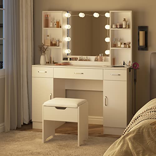 Vabches Makeup Vanity Table with Lighted Mirror & Power Strip, Large Vanity Set Vanity Desk with Storage Stool, 3 Lighting Modes, Brightness Adjustable, 45.2in(L) Vabches