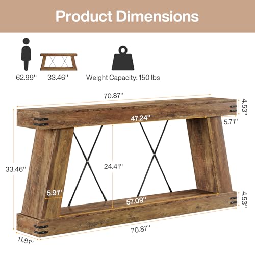 Tribesigns 70.9" Farmhouse Console Table, Long Sofa Table Behind Couch with Storage, Narrow Wooden Console Station, Industrial Rustic Entryway Furniture for Hallway, Entry, Living Room, Brown Tribesigns