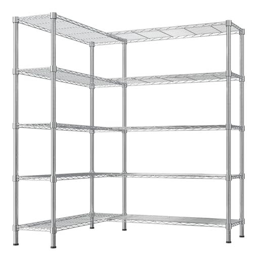 L Shaped Adjustable Storage Shelves, 57.87x13.78x70.87in Adjustable 5 Tier Wire Shelving Unit, Heavy Duty Garage Corner Shelf, Metal Standing Shelf Units, Pantry Shelf for Corner Laundry Closet SESAISHEIR