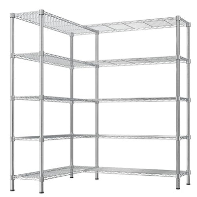 L Shaped Adjustable Storage Shelves, 57.87x13.78x70.87in Adjustable 5 Tier Wire Shelving Unit, Heavy Duty Garage Corner Shelf, Metal Standing Shelf Units, Pantry Shelf for Corner Laundry Closet