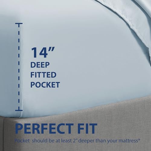 Cathay Home Luxury Wrinkle and Fade Resistant Double Brushed Ultra Soft Microfiber 14-Inch Standard Pocket Single Fitted Sheet, Blue Fog, Twin Cathay Home