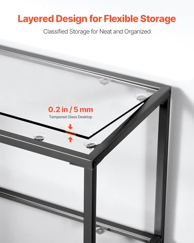VEVOR 3-Tier Glass Console Table, Modern Rectangle Sofa Side Table with Tempered Glass Top and Iron Legs, Golden Consloe Desk with Anti-Tip Device for Living Room, Hallway, Entryway, Foyer, Black VEVOR