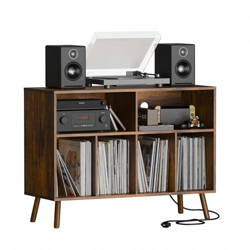 Cozy Castle Record Player Stand with Vinyl Storage Cabinet, Wood Turntable Table Open Shelf Holder Up to 350 Albums Cube Storage Organizer for Living Room, Office, Rustic Brown Cozy Castle