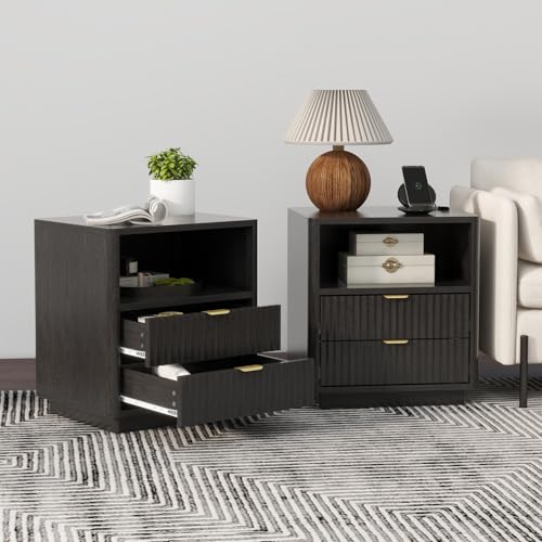 Fluted Nightstands Set of 2, Black Night Stands with 2 Drawers and Open Shelves, Wooden Nightstand Modern Design Night Stand for Bedroom Sofa Office (2, Black) ROCSUMOO