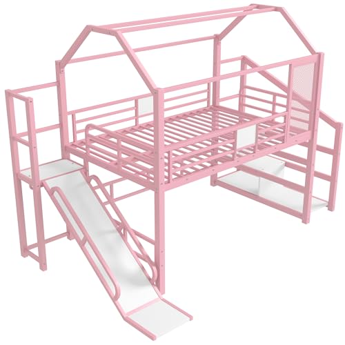 Bellemave House Loft Bed Full Size, Full Size Loft Bed with Storage Stairs and Open Wardrobe, Heavy Duty Loft Beds with Slide for Girls, Boys, Noise-Free Design Pink Bellemave