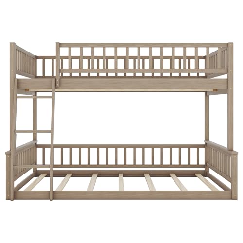 Merax Full XL Over Queen Floor Bunk Bed, Kids Bedroom Brown Wooden Bunk Bed Frame, Convertible to 2 Separated Beds with Trundle, Ladder & Guardrail for Teens, Wood Slat Support, Easy Assembly, Brown Merax
