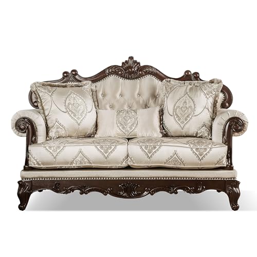Furniture of America Adelaide Traditional Upholstered Sofa Set with Rolled Armrests, Wooden Loveseat and Comfortable Couch for Living Room, Office, 2-Piece Set, Dark Cherry/Beige Furniture of America