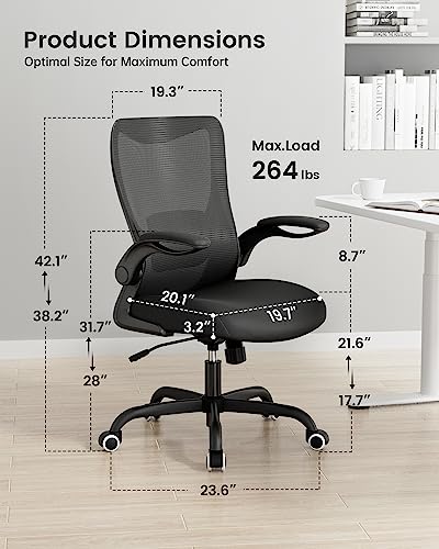 MUXX.STIL Office Chair, Ergonomic Desk Chair with Adjustable Lumbar Support and Flip up Armrest, Breathable Mesh Computer Chair for Home Office, Black MUXX.STIL