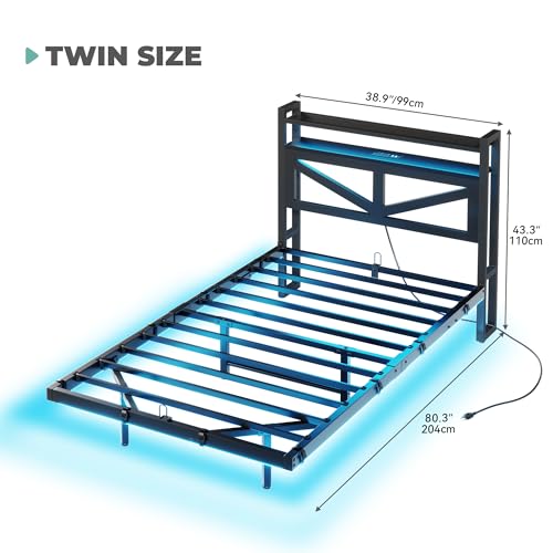 DWVO Twin Size Floating Bed Frame with RGB LED Lights and Charging Station, Upholstered Platform Bed Frame with 2-Tier Storage Shelf Headboard, Solid Metal Slats, Noiseless, Easy Assembly, Black DWVO
