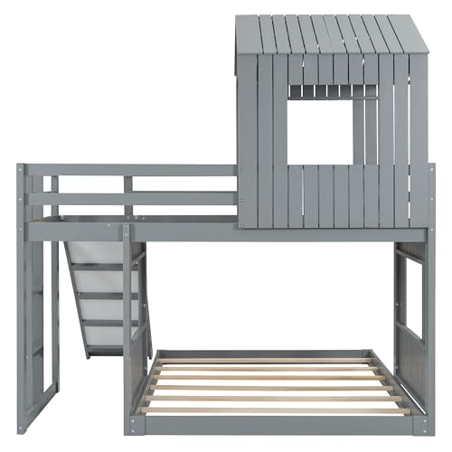 Harper & Bright Designs House Bunk Beds Twin Over Full Size, Wood Bunk Beds with Roof and Window (Grey, Twin Over Full (with Slide)) Harper & Bright Designs