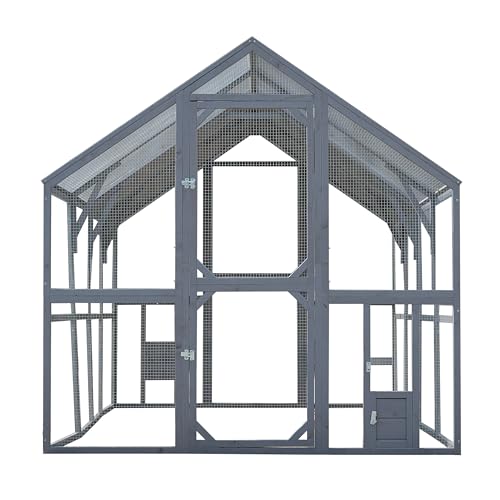 YOPTO 109.6'' Large Wood Chicken Coop Enclosures,Walk-in Poultry Cage, Chicken Run Pen Duck House with Waterproof and Anti-Ultraviolet Cover for Outdoor Farm Use Spire Roof, Grey YOPTO