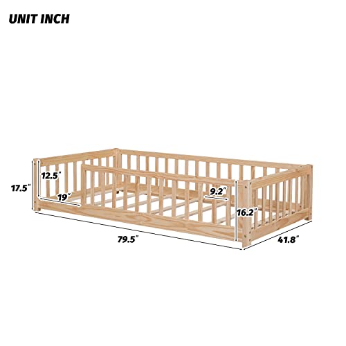 Oudiec Twin Size Montessori Floor Bed with Safety Fence - Easy Assembly Solid Wood Frame in Natural Finish Oudiec