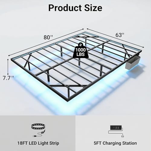 Zevemomo Floating Queen Bed Frame with LED Light, Heavy-Duty Metal Platform Queen Bed Frame Floating with Charging Station, Easy to Assemble, No Box Spring Needed, Black Zevemomo