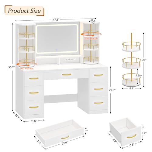 Vanity Desk with Mirror and Lights, White Makeup Vanity Table with 360° Roating Shelves, Large Vanity Desk with 7 Drawers, Power Outlet, Dressing Table Set with Lighted Mirror Adjustable, for Bedroom Aiguazi