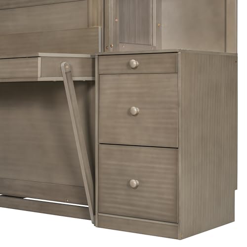 Queen Murphy Bed with Desk,Storage Shelves and LED Lights,Wood Hidden Folding Farmhouse Murphy Wall Bed with Storage Cabinets Bookcase Drawers & Shelves for Adults,Space-Saving (Queen,Natural Wood) MERITLINE