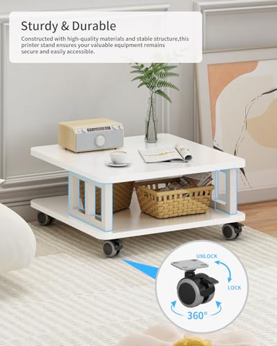 AOOSSI Mobile Printer Stand, 2-Tier Large Printer Shelf for Laser 3D Printer Office Machine with Storage, 23.6"x23.6" Wood Printer Cart Under Desk Rack with Wheels for Office Home Kitchen (White) AOOSSI