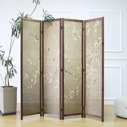 Furnnylane 4 Panel Room Divider Screen and Folding Panel Screen,Double Sided Bamboo Divider for Room Separation,White Plum and Birds,67" H x 63" W,67" H x 63" W Furnnylane
