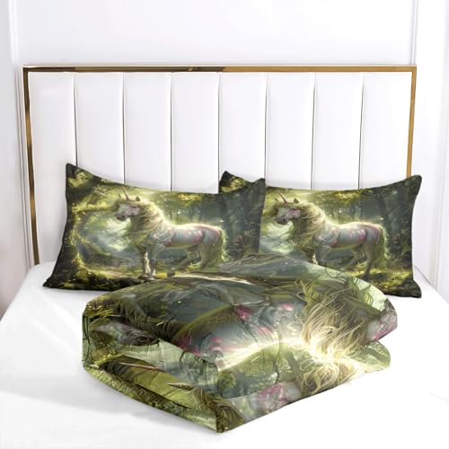 Ydtwnyq Bedding Twin Size Comforter Set Lightweight for Summer Duvet Set Green 3 Pieces (1 Quilt and 2 Pillowcases) Ethereal Single Horn Horse Quilt for Kids Adults Ydtwnyq