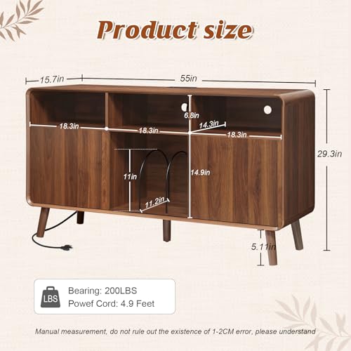 Nasonet Record Player Stand with Vinyl Storage Cabinet, 55'' Large Mid Century Modern Turntable Cabinet with Charging Station & USB Ports, Curved Wood Stereo Cabinet for Living Room, Walnut Nasonet