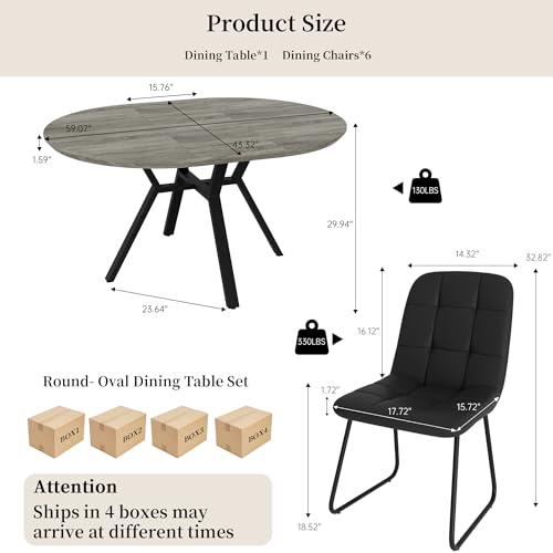 HIPIHOM Extendable Round Dining Table Set for 6 People, 43.3"-59.1" Extendable Kitchen Table with 6 Upholstered Chairs, Space Saving for Kitchen Dining Room (Grey Table+6 U-Shaped Black Chairs) HIPIHOM