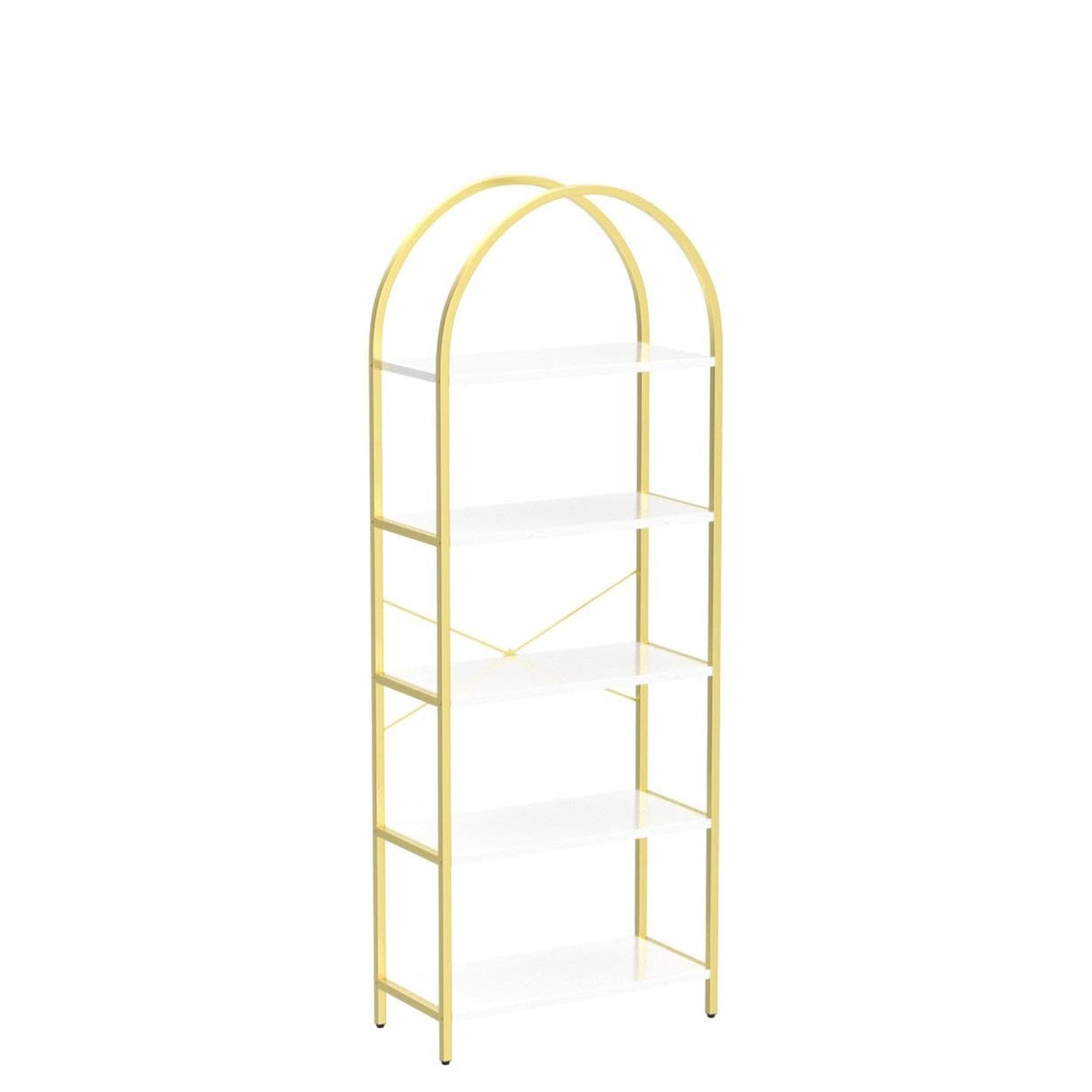 IDEALHOUSE Bookshelf 5 Tier Bookcase Arched Display Racks Tall Standing Bookshelves Metal Frame Modern Storage Rack Shelf Large Wood Book Shelf for Bedroom, Living Room, Home Office, White/Gold IDEALHOUSE