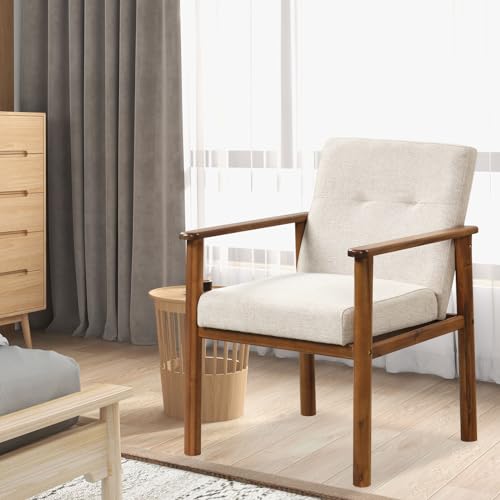 GOFLAME Accent Chair Set of 2, Mid-Century Modern Armchair with Solid Wood Legs, Soft Cushioned Seat, Upholstered Linen Fabric Leisure Chair for Living Room, Bedroom, Guest Room, Office, Beige GOFLAME