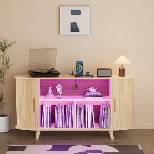 Hretanant Record Player Stand,55" Record Storage Cabinet with Charging Station&USB Ports,Mid Century Turntable Stand with Vinyl Storage&LED Lights,Holds up to 300+ Albums,for Living Room Bedroom,Oak Hretanant