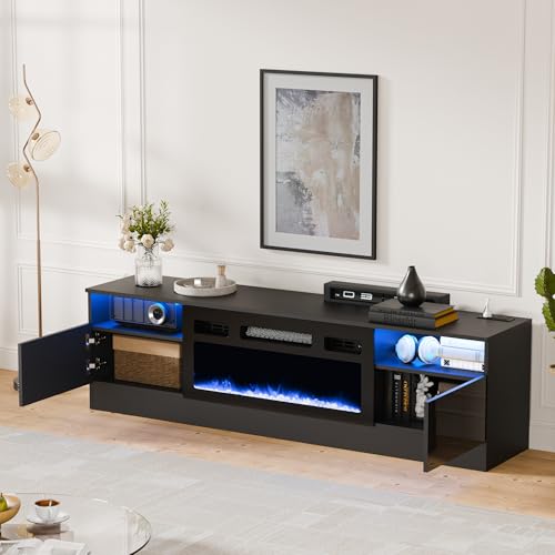 Cozy Castle Fireplace Tv Stand with 30”Electric Fireplace Up to 75" Tvs,LED High Gloss Modern Tv Stand for 65 70" Tv,Entertainment Center Tv Console with Storage,Charging Station for Living Room,Black Cozy Castle