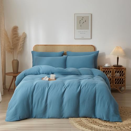 100% Cotton Muslin Duvet Cover Set Queen Size Turquoise Blue, Ultra Soft Breathable Absorbent Gauze Bedding Duvet Cover, Luxurious Minimalist Natural Wrinkle Linen Textured Comforter Cover 90" x 90" YASMENG