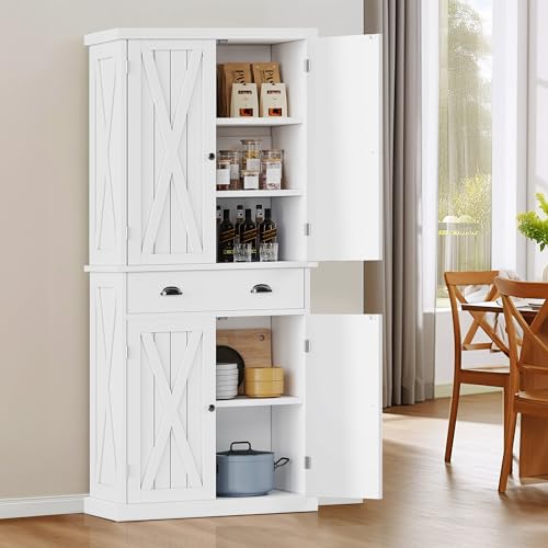 DWVO 72'' Tall Farmhouse Kitchen Pantry with Adjustable Shelves, Wood Kitchen Storage Cabinets with Doors & Drawer, Freestanding Cupboard for for Kitchen, Dining Room, Living Room, White DWVO