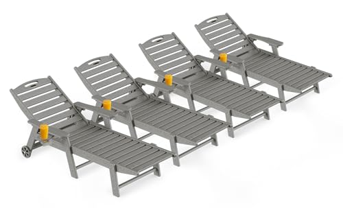 Outdoor Lounge Chair Set of 4, All Weather Patio Chaise Lounge Chairs for Outside, HDPE Chair with Rolling Wheels & Cup Holder, 5 Position, Deck, Pool, Grey