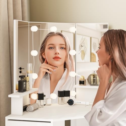 Fameill Corner Vanity Desk with Mirror and Lights, Makeup Vanity Table with Charging Station, Corner Vanity with 4 Drawers and Shelves, 3 Lighting Modes, Brightness Adjustable, for Women Girls Fameill