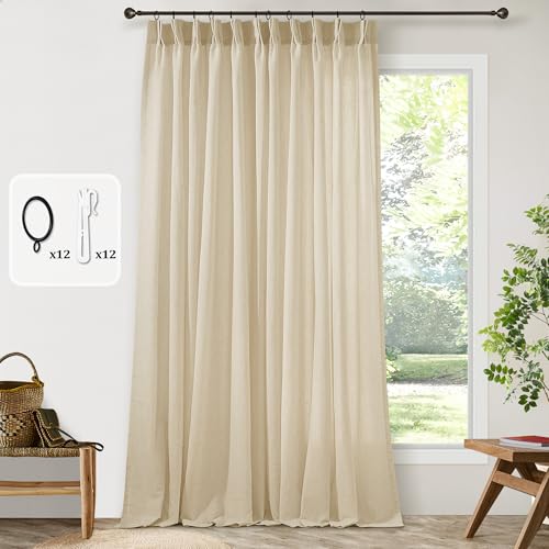 Beige Tan Linen 102 Inch Curtains 72 Inch Wide for Living Room Divider Privacy Pinch Pleated Drapes Hooks Rings Back Tab Farmhouse Light Filtering Extra Wide Sheer Curtains for Patio Balcony 72x102 DUKIYO