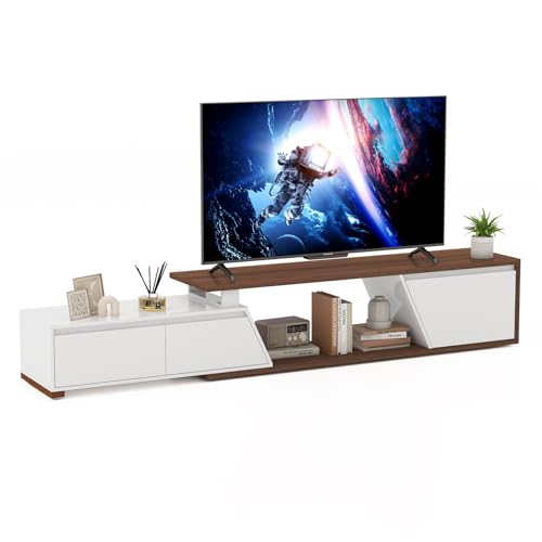 Verano Garden Extendable TV Stand with Led Lights, Wood TV Media Console with 2 Drawers & 1 Cabinet, Modern Entertainment Center Up to 90 Inch TV for Living Room Bedroom, 63" - 90.6" (White & Walnut) Verano Garden