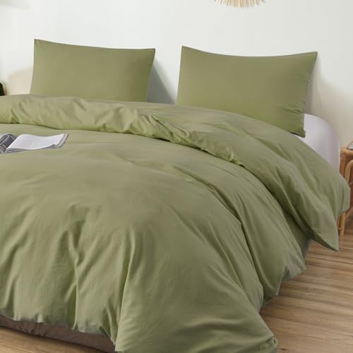 Colourful Snail 100-Percent Natural Washed Cotton Duvet Cover Set, Ultra Soft and Easy Care, Zipper Closure, Corner Ties, Simple Bedding Style, Queen/Full, Olive Green (Comforter Not Included) Colourful Snail