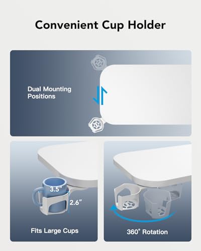 HUANUO 28Inch Bedside Table with Wheels, Height-Adjustable Rolling Computer Cart, Overbed Table with Cup Holder, Pneumatic Laptop Standing Desk for Home Office, White HUANUO