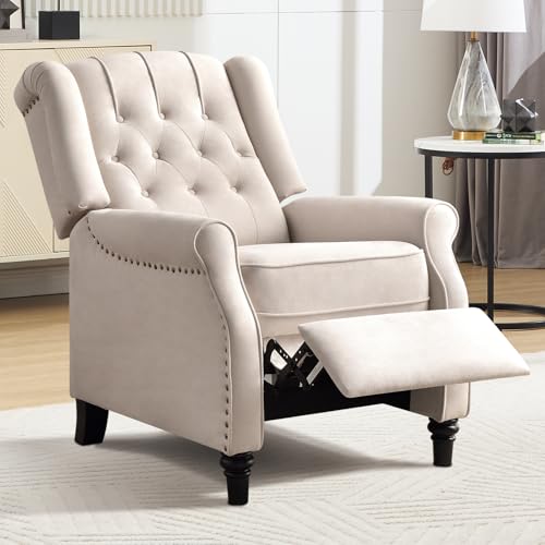 EBELLO Push Back Recliner Chair, Fabric Accent Chair Pushback Recliner with Rivet Decoration, Button-Tufted Back, Mid Century Wingback Armchair for Living Room, Bedroom, Beige