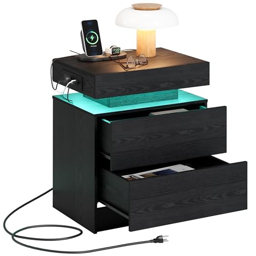 LIKIMIO Night Stand with Charging Station, Modern Black Nightstand with LED Light and Drawers, Bedside Tables/End Table for Bedroom LIKIMIO