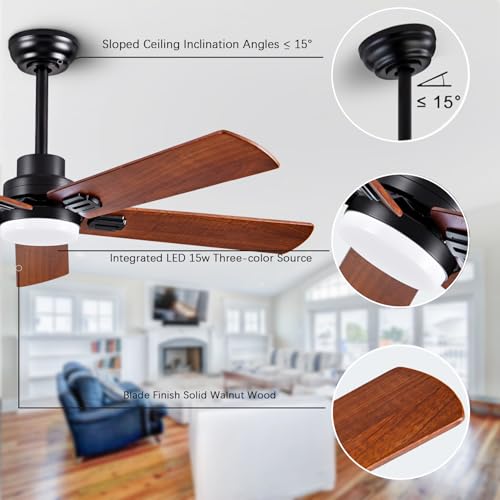 52-Inch Solid Wood with Remote Control with Light (LED) Modern DC DC Motor Indoor/Outdoor 5-Blade Ceiling Fan for Patios, Bedrooms and Farmhouses (Black + Walnut) dearnow